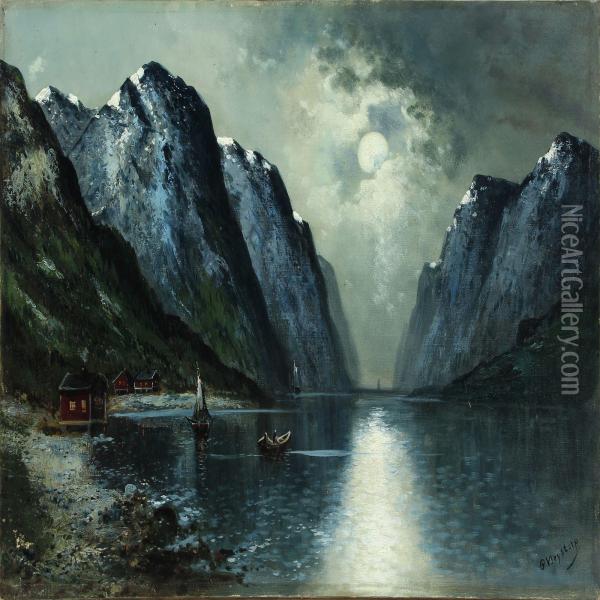Moonlight Scenery From Lofoten In Norway Oil Painting - Olav Brystorp