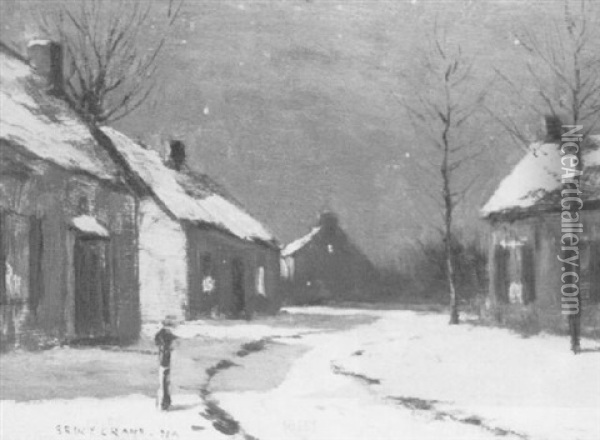 Village Street On A Winter Evening Oil Painting - Bruce Crane
