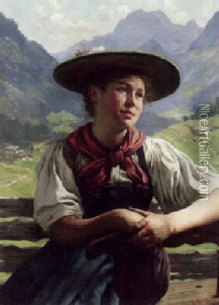 Bayrisches Dirndl Auf Einer Bank Vor Weiter Alpenlandschaft Oil Painting - Emil Rau