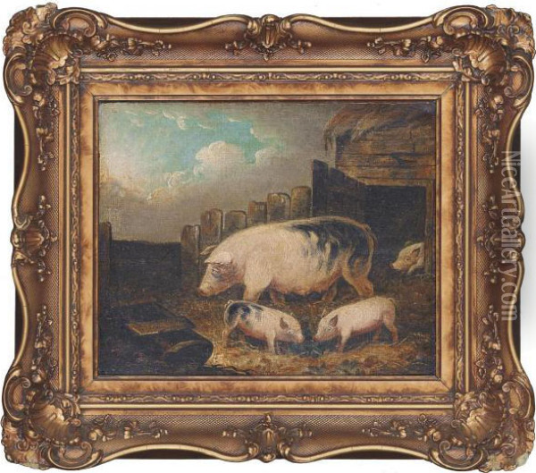 Sow With Piglets In A Yard Oil Painting - George Morland