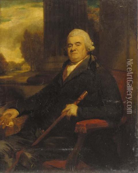 Portrait Of Sir Benjamin Truman,
 Seated Three-quarter-length, In A Dark Green Coat, Holding A Cane In 
His Left Hand, A Country House Beyond Oil Painting - George Romney
