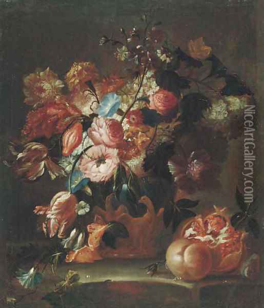 Flowers in sculpted urns with fruit on stone ledges Oil Painting - Franz Werner von Tamm