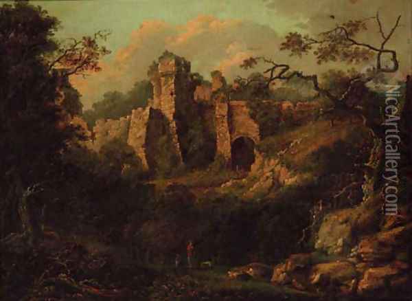 A ruined castle in a wooded landscape, figures in the foreground Oil Painting - English School