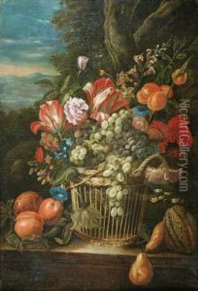 Martwa Natura Z Kwiatami I Owocami Oil Painting - Giovanni Battista Ruoppolo