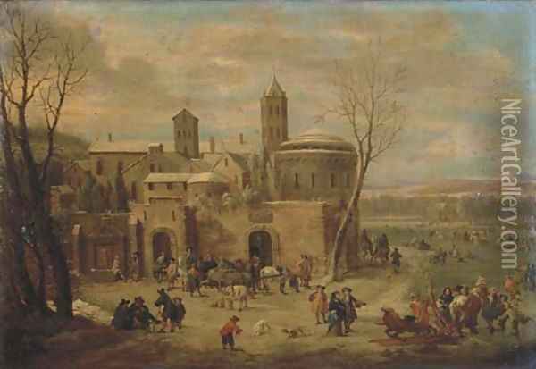 A winter landscape with figures strolling and unloading a cart outside the walls of a town, skating and sleighing on a frozen river nearby Oil Painting - Pieter Bout