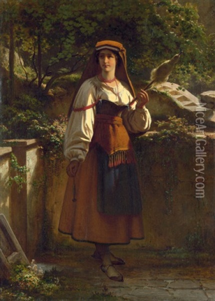 Madchen Aus Albano In Landlicher Tracht, In Der Hand Eine Spindel Oil Painting - Richard Freytag