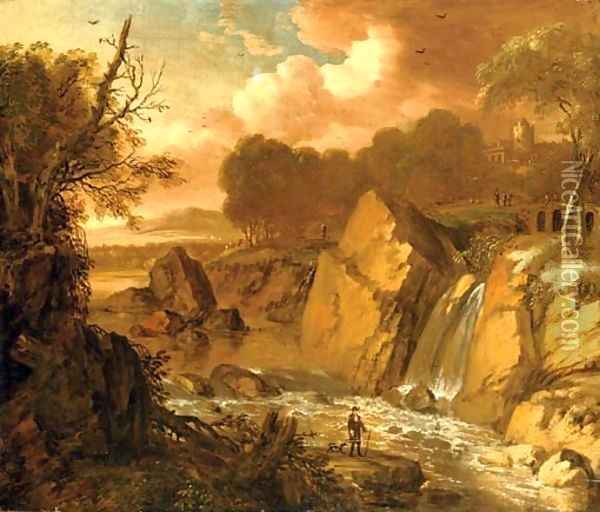 A traveler on a path by a waterfall in an Italianate landscape, a fortress beyond Oil Painting - George Richmond