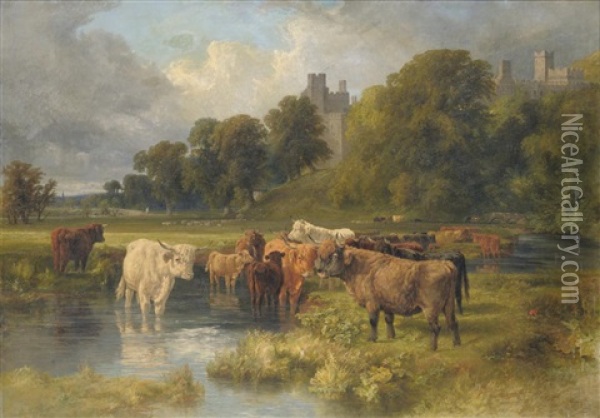 Cattle Grazing Near The River Wye, Haddon Hall Beyond Oil Painting - Walter Henry Pigott