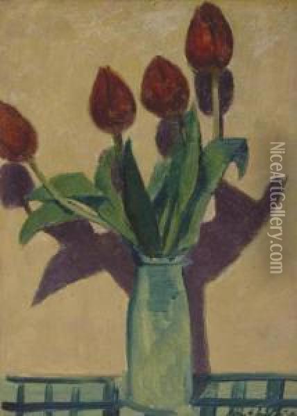 Tulips On A Green Check Cloth Oil Painting - Raymond Francis Mcintyre