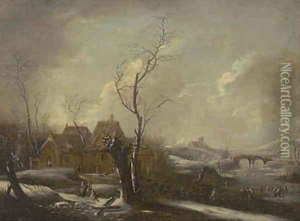 A winter landscape with skaters on a frozen river, a village nearby Oil Painting - Johann Christian Vollerdt or Vollaert