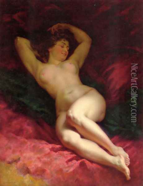 Nu sur drape rouge Oil Painting - Louis Beroud