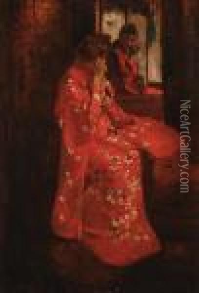 Girl In Red Kimono In Front Of Amirror Oil Painting - George Hendrik Breitner