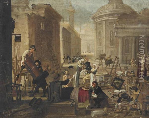 An Auction In An Italianate Street Oil Painting - Jan Miel