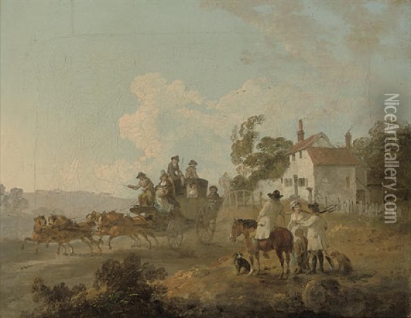 A Landscape With Travellers In A Horse-drawn Carriage Oil Painting - Julius Caesar Ibbetson