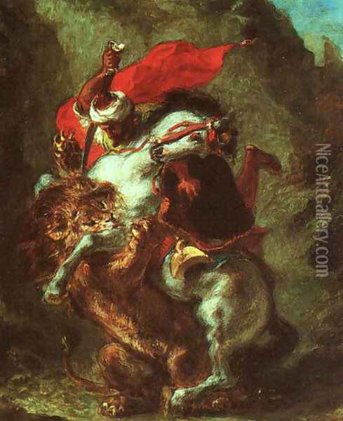 arab horseman attacked by a lion (1849) Oil Painting - Eugene Delacroix