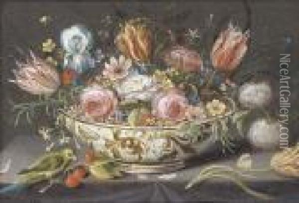 Carnations, Roses, Tulips And 
Other Flowers In A Porcelain Bowl On A Ledge With A Finch, Cherries And A
 Butterfly Oil Painting - Jan van Kessel