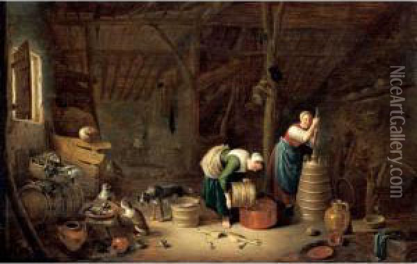 An Interior Of A Barn With Two Women Oil Painting - Hendrick Maertensz. Sorch (see Sorgh)