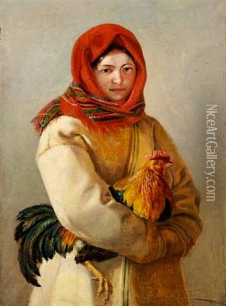 With A Cockerel Oil Painting - Alexey Ivanovich Trankovskii