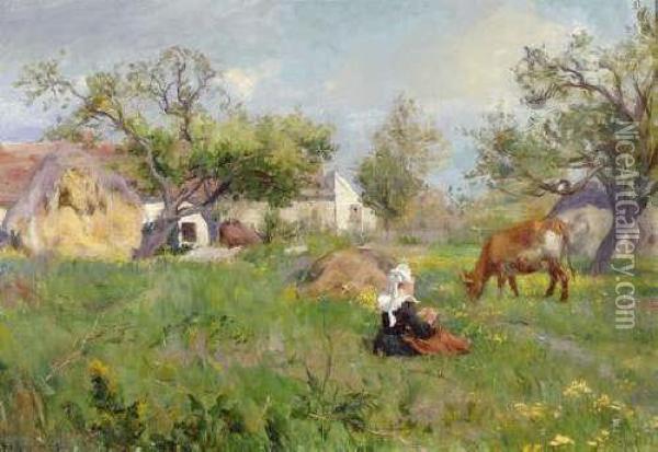 Bretonne Et Vache Dans Un Paysage Oil Painting - Alfred Victor Fournier