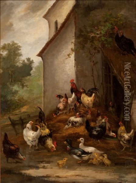 Barnyard Scene Oil Painting - August Laux