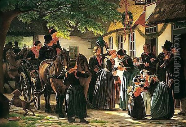Et Brudepars Hjemkomst Fra Kirken, Amager (The Newly-weds' Return) Oil Painting - Johann Julius Exner