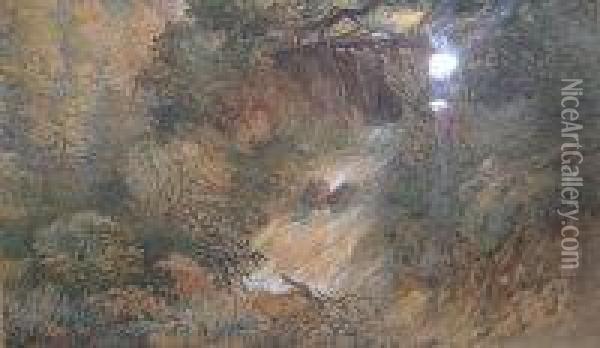 Woodland Waterfall Oil Painting - James Vivien de Fleury