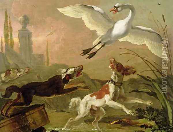 Swan being chased by three dogs Oil Painting - Abraham Danielsz Hondius