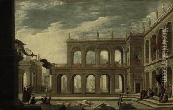 An Architectural Capriccio With A King Enthroned, And A Group Ofpeople Round A Gallows Oil Painting - Jacobus Saeys