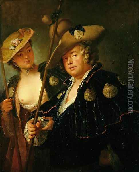 Gustav Adolf Graf von Gotter and his Niece Friederike von Wangenheum in Pilgrim Costumes, c.1750 Oil Painting - Antoine Pesne