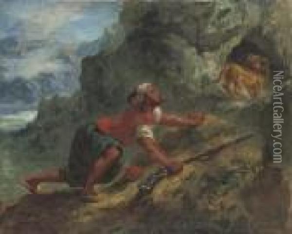 Arab Stalking A Lion Oil Painting - Eugene Delacroix