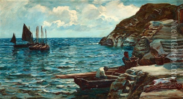 Fiskebatar Utanfor Cornwalls Kust Oil Painting - Colin Hunter