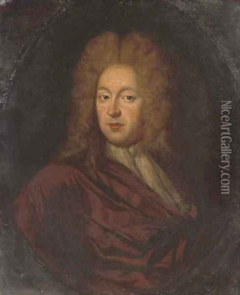Portrait of Charles Taylor Esq. (1660-1736), bust-length, in a brown wrap and white stock, in a painted oval Oil Painting - Sir Godfrey Kneller