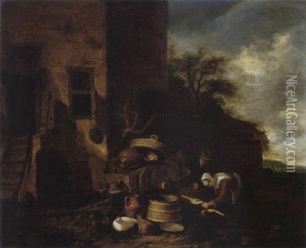 Landliche Szene Vor Einem Bauernhaus Oil Painting - Egbert van der Poel