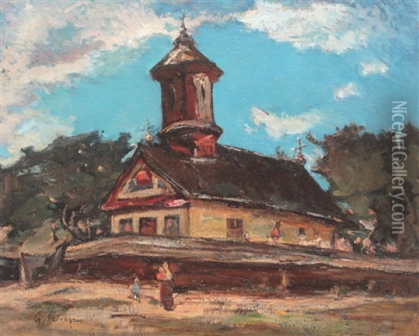 Landscape With Wooden Church Oil Painting - Gheorghe Petrascu