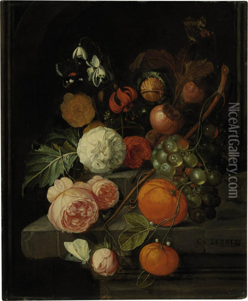 Roses, Lillies, Grapes, Oranges And Horse Chestnuts Oil Painting - David Cornelisz. de Heem