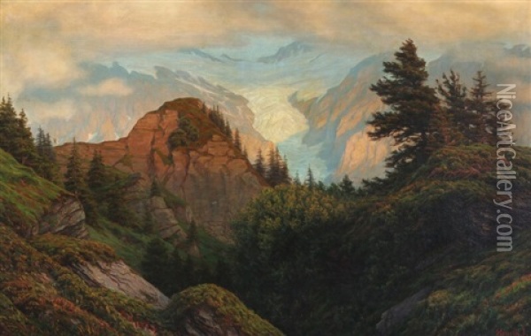 Evening In The Brener-oberlands Highlands, In The Background The Grindelwald Glacier Oil Painting - Henrik Gamst Jespersen