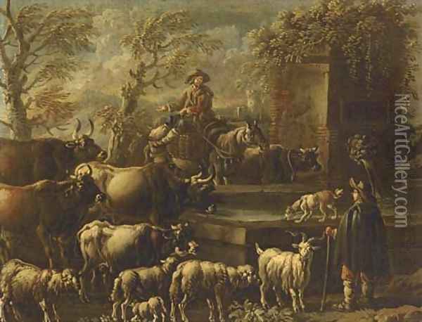 A drover on horseback watering his cattle at a fountain and shepherd with Oil Painting - Philipp Peter Roos