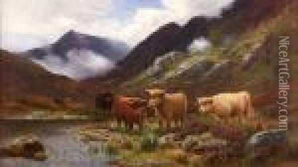 Highland Cattle In A Misty Glen Oil Painting - Louis Bosworth Hurt
