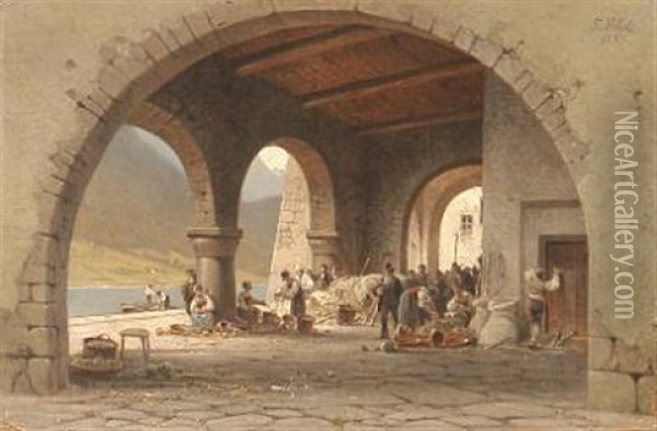 A Busy Market Day By The Lake (in Ascona?) Oil Painting - Frederik Niels Martin Rohde