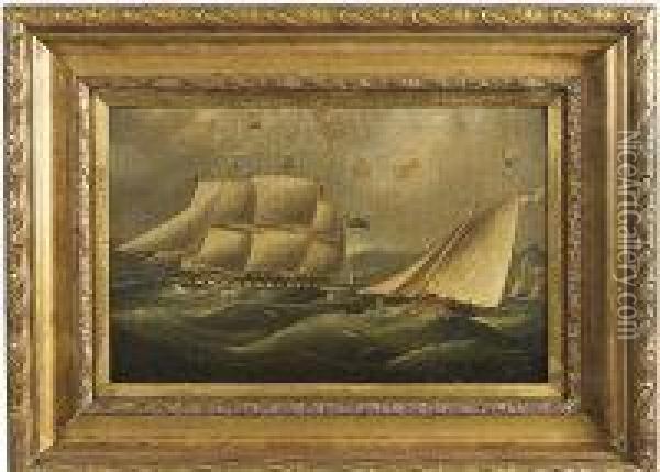A Frigate And A Yacht Off The Coast Oil Painting - Thomas Buttersworth