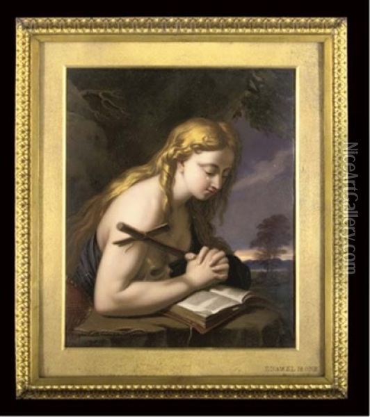 Mary Magdalene, In Prayer At A Rock Reading The Bible, Her Hands Clasping A Crucifix, A Skull Tucked Under Her Right Arm, An Incense Burner Beside Her; Wearing A Blue Dress, Long Fair Curling Hair Oil Painting - Henry Bone