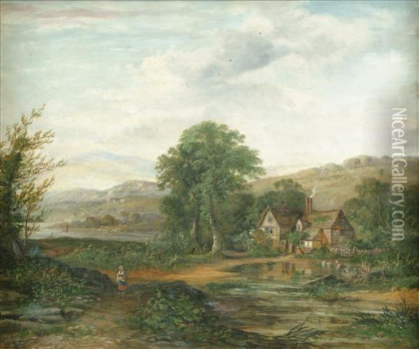 A Figure Near Afarm House In Wooded River Landscape Oil Painting - J. Westall