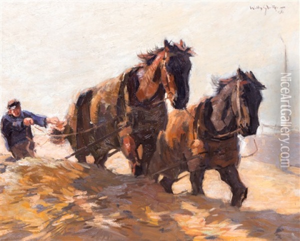 Fisherman With Horses On The Beach At Katwijk Oil Painting - Willy Sluijter