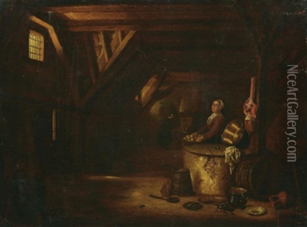 Zwei Magde In Der Kuche, Speisen Zubereitend, Im Vordergrund Diverse Kuchenutensilien Oil Painting - Govert Dircksz Camphuysen