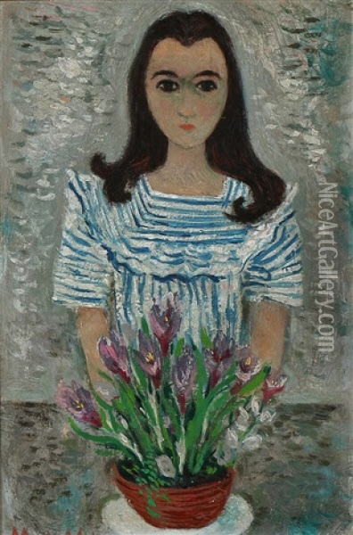 Girl With Flowers Oil Painting - Max Mueller