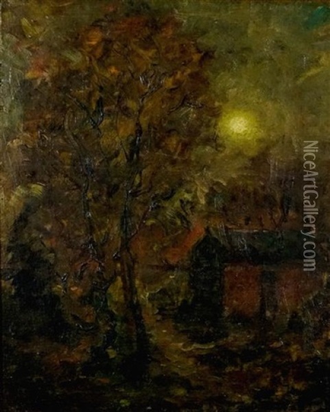 Untitled (moonlight Landscape) Oil Painting - David Davies