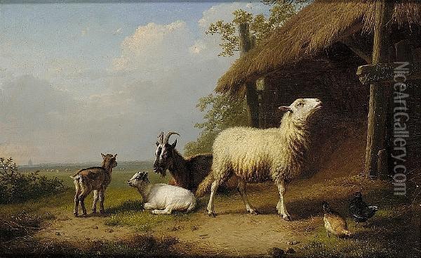 Goats And A Sheep Beside A Barn Oil Painting - Eugene Joseph Verboeckhoven