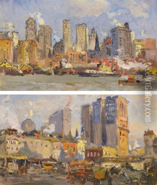 New York From The Pennsylvania Railroad Ferry & West Street Near The Courtland Ferries: A Pair Of Works Oil Painting - Colin Campbell Cooper