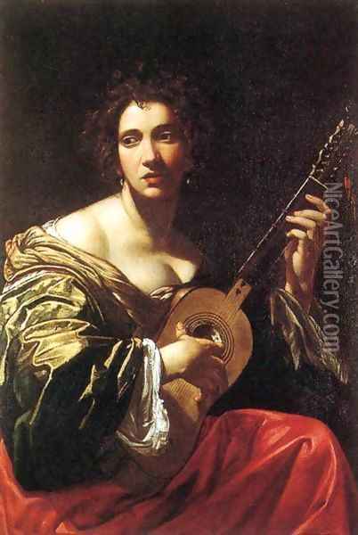 Woman Playing the Guitar Oil Painting - Simon Vouet