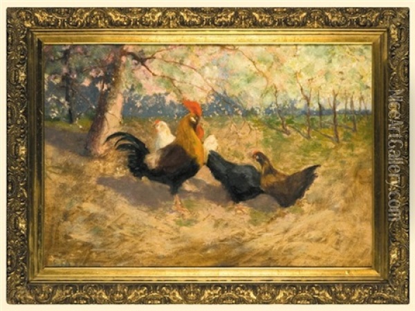 Cock And Chickens Oil Painting - Stanislaw Bohusz-Siestrzencewicz